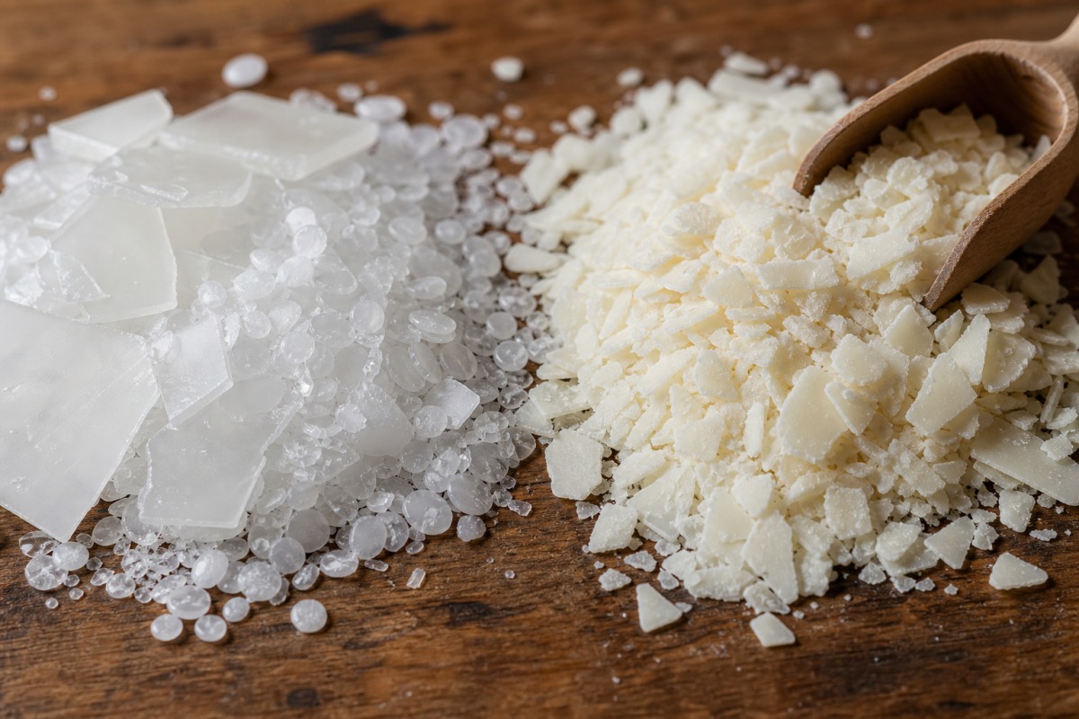 Granulés de paraffine brillants à côté de flocons de cire de soja crémeux et mats, sur une table en bois