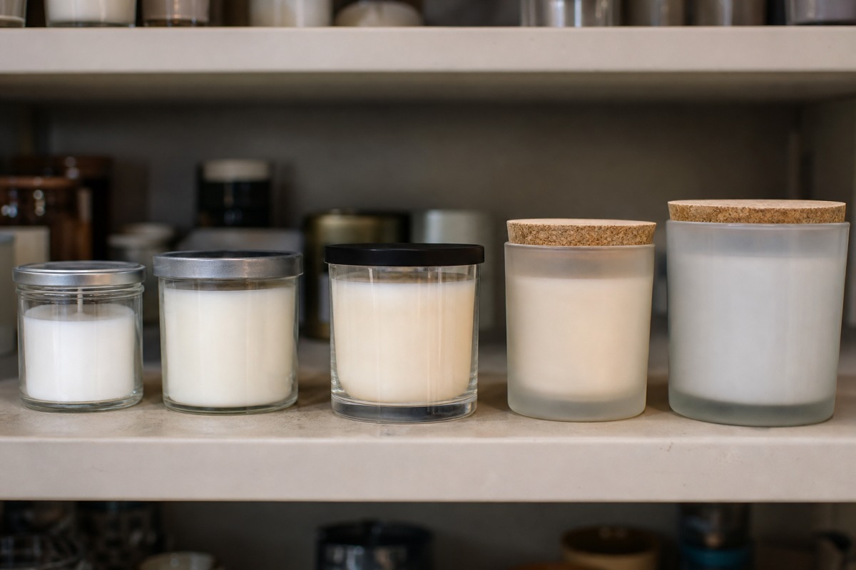 Rangée de cinq bougies en verre différentes alignées côte à côte sur un rayon de magasin