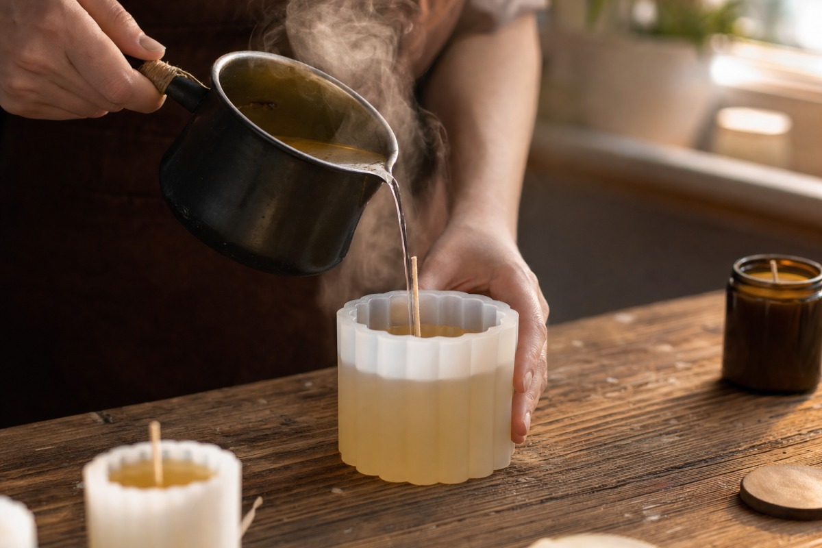 Coulage lent de la cire chaude dans un moule en silicone, à l'atelier