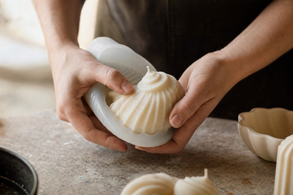 Des mains démoulent délicatement la pièce de cire brute de son moule en silicone, à l'atelier