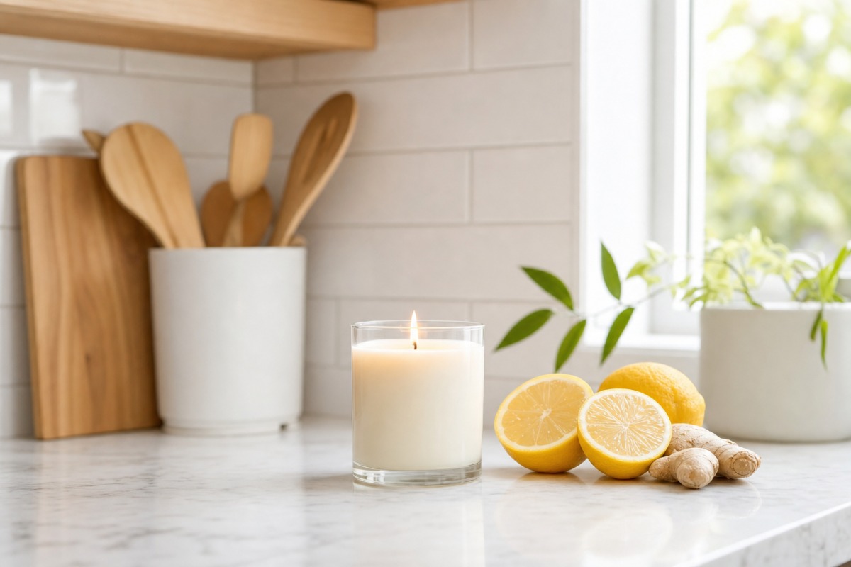 Bougie aux agrumes, citrons et gingembre, posée sur le plan de travail de la cuisine