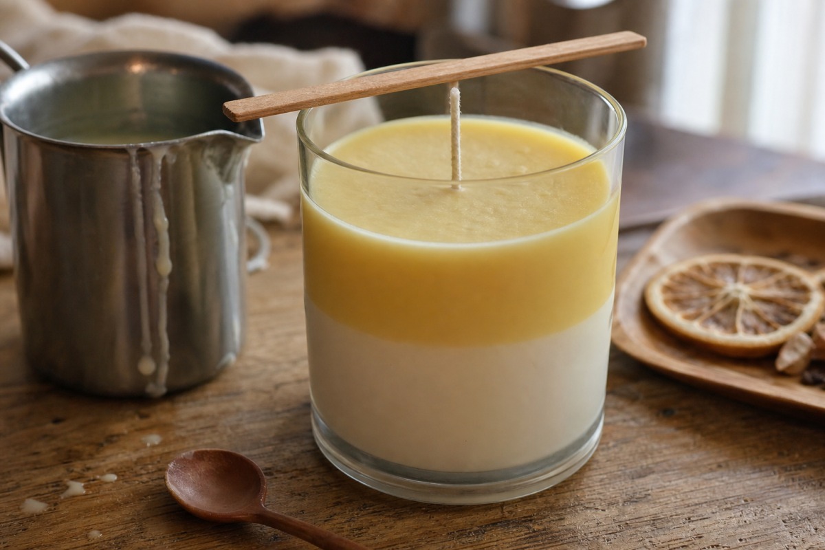 Bougie maison au soja à deux couches dans un verre borosilicate, avec une mèche maintenue par un bâtonnet en bois et des tranches de citron séchées posées à côté