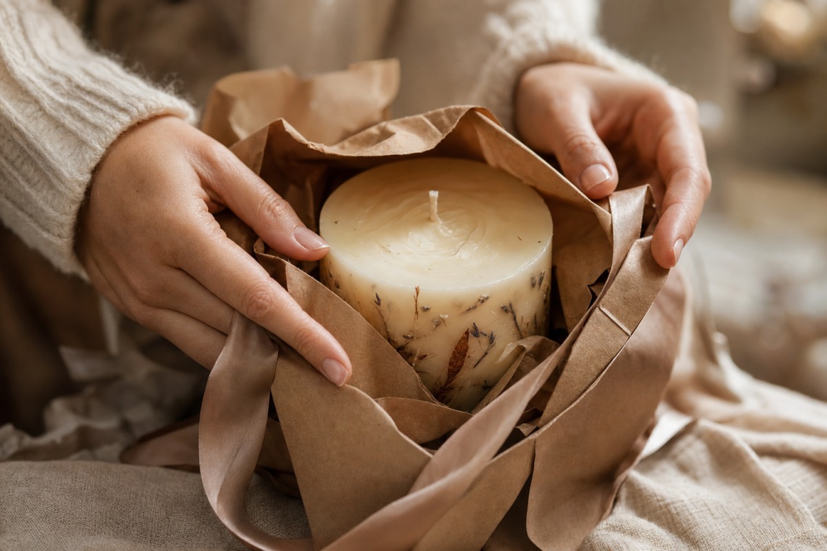 Gros plan sur des mains déballant une bougie artisanale de son papier cadeau