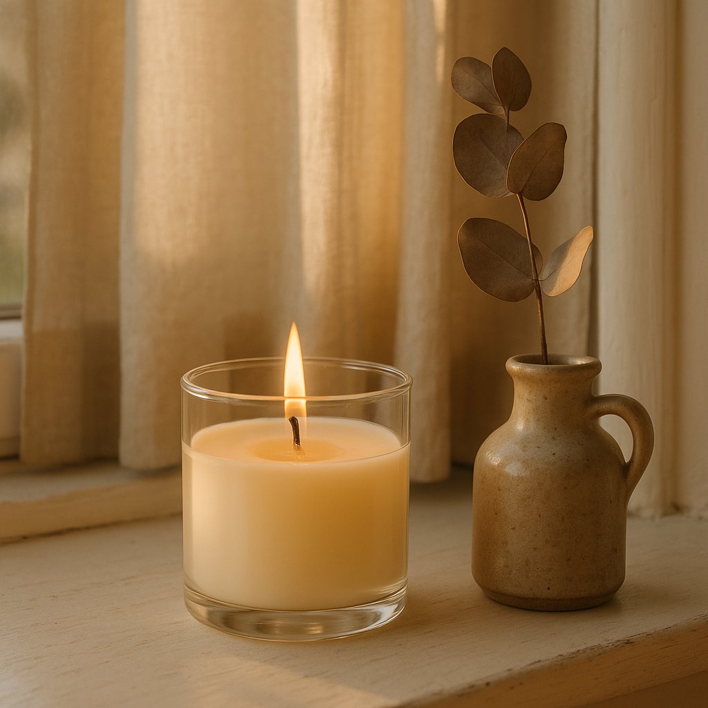 Bougie en borosilicate plus résistante avec une flamme près du bord de la fenêtre