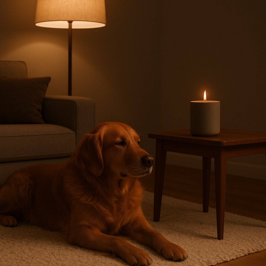 Chien près d'une bougie NOBAMO sans parfum sur un support haut, scène vespérale paisible avec lumière tamisée