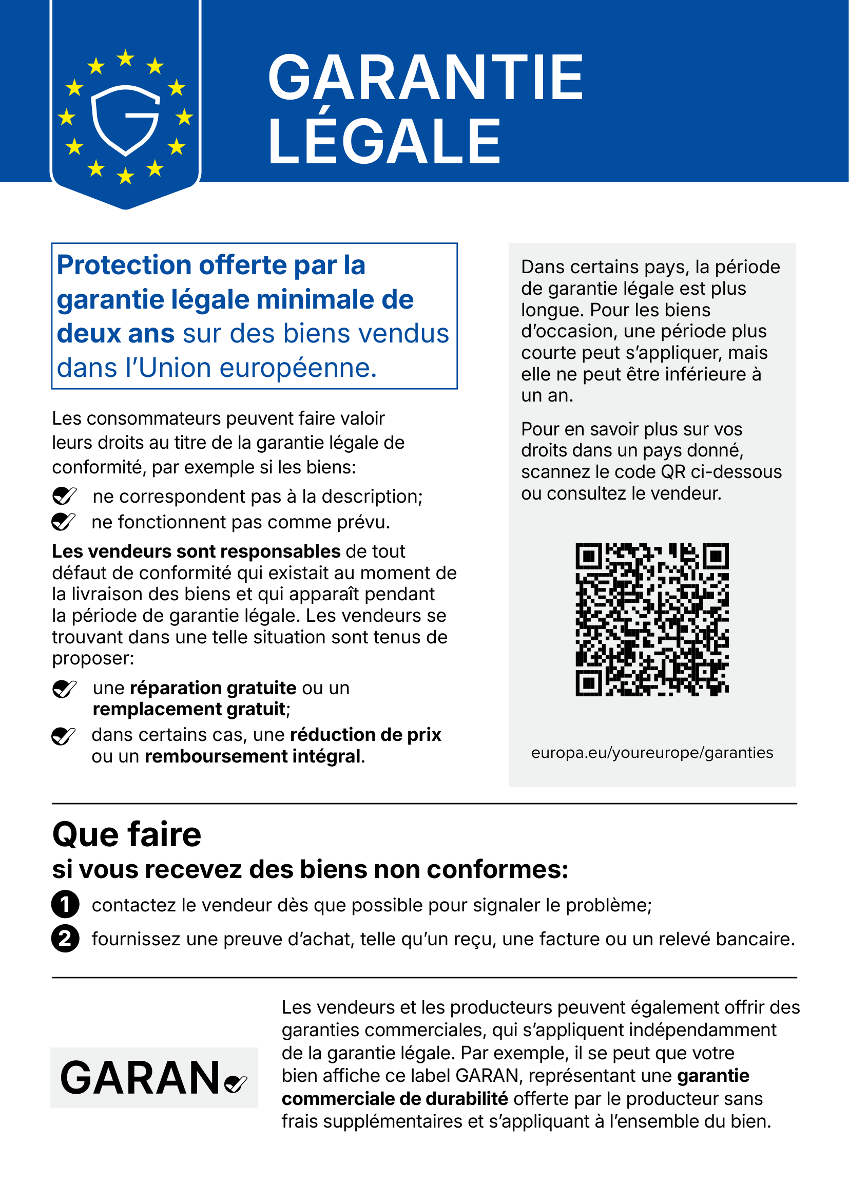 Avis de garantie légale de conformité de deux ans dans l'UE