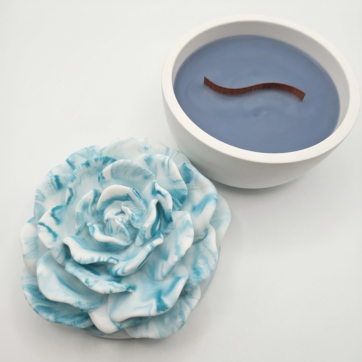 Bougie Marbre Fleur - Blanc / Turquoise / Myrtille, Vanille